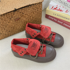 Autumn Red Maillard Student Canvas Shoes for Women, 2023 New Arrival High-Top Thick Sole Korean Style Versatile Live Streaming Shoes