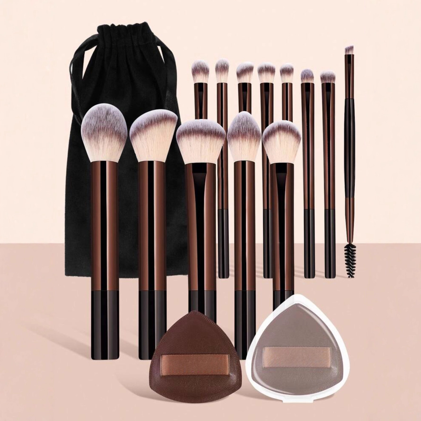 Nuevo conjunto de cepillo de maquillaje transfronterizo de 13 tubos de aluminio marrón + bolsa de tela + 2 triángulos marrones + caja