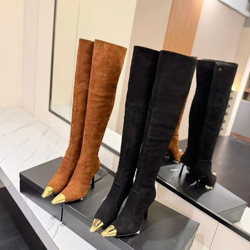 European and American style pointed-toe metal buckle over-the-knee boots for women, 2025 autumn/winter new collection, suede, slim high heels, stretchy women's boots European and American style pointed-toe metal buckle over-the-knee boots for women, 2025 autumn/winter new collection, suede, slim high heels, stretchy women's boots