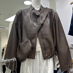 スタンドカラージッパー気質レザージャケット 2025 新しいレトロカジュアル韓国スタイルショートスリムオートバイ服トレンド
