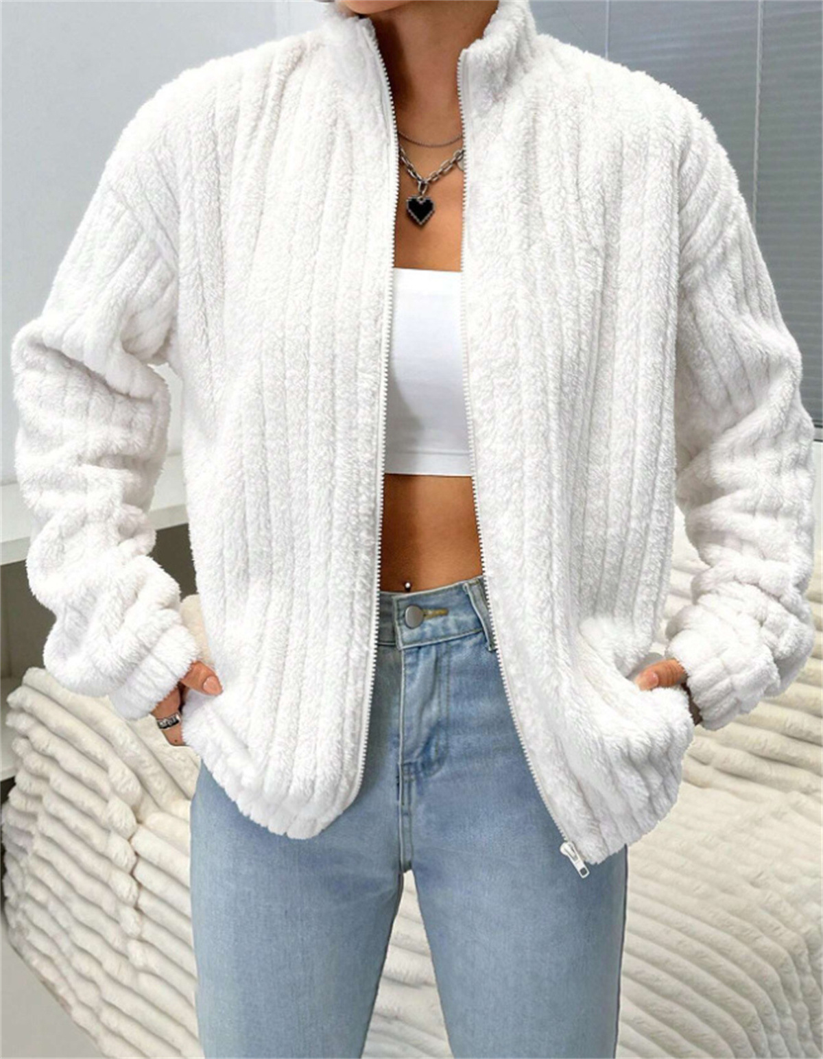 Women's Plush Fur Cardigan Coat – Stand Collar Short Jacket For Autumn & Winter (Sizes S-XL)_voghion.com