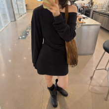秋上新【LABEL】意法一字肩抽褶洋气连衣裙慵懒风简约高级裙子女