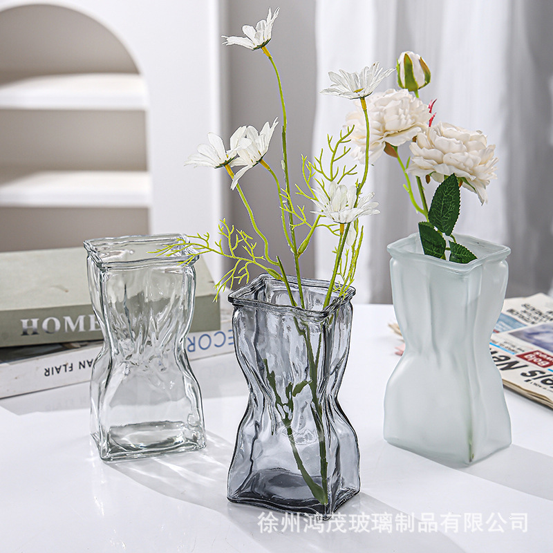 Creative Chinese Style Lucious Glass Vase Hydroponic Vase for Homestay Hotel Living Room Ornaments Pleated Frosted Vase