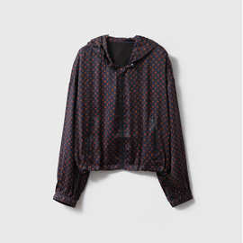 真丝缎面连帽外套女波点印花100桑蚕丝印花宽松长袖拉链开衫秋