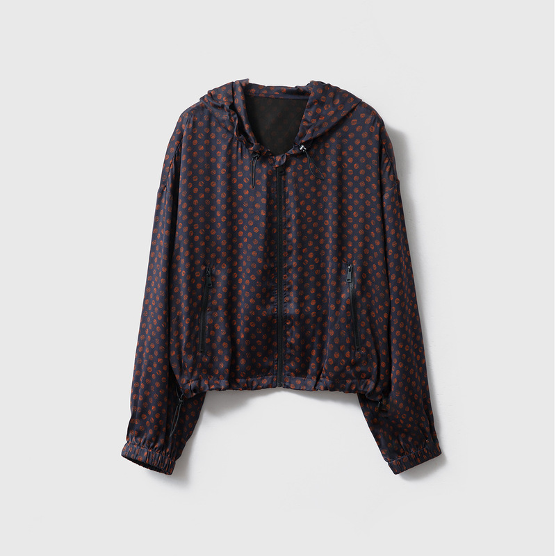 Silk Satin Hooded Jacket for Women with Polka Dot Print, 100% Mulberry Silk, Loose Long-Sleeve Zip-Up Cardigan