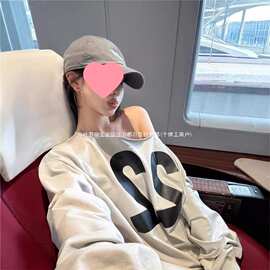 美式复古字母印花卫衣女早秋慵懒风休闲宽松oversize斜肩套头上衣