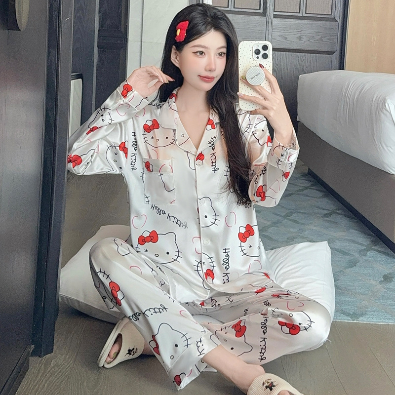 卡通轻奢ins风可爱冰丝睡衣女长袖长裤家居服两件套装可外穿批发|undefined