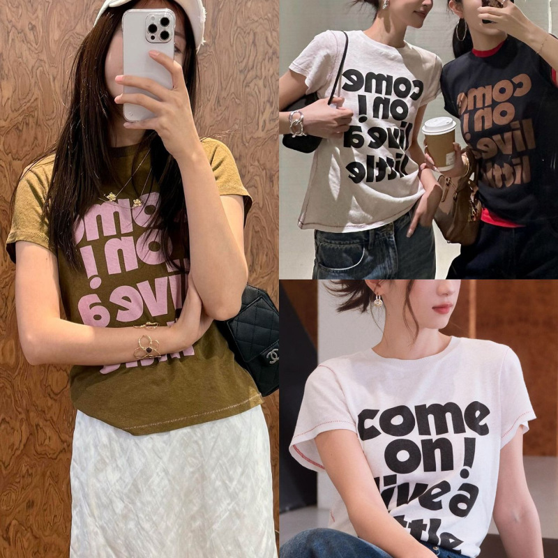 Nanyou Quality 26 Spring New Designer Letter Print Round Neck Slim Fit Cotton Linen T-Shirt Women's Top