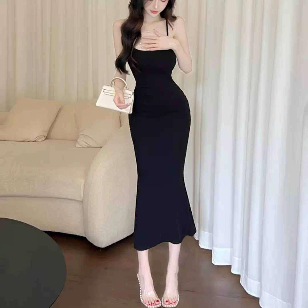 绑带大露背吊带鱼尾连衣裙女长裙卡戴珊辣妹黑色修身性感内搭优雅