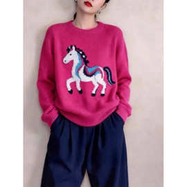 2026春秋设计感宽松慵懒独特漂亮套头针织衫玫红色小马提花毛衣女