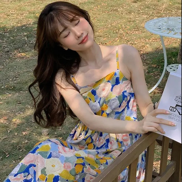 Sleepy Rabbit Floral Slip Dress Summer Retro Sweet Gentle Style Holiday Beach Dress Small Long Dress