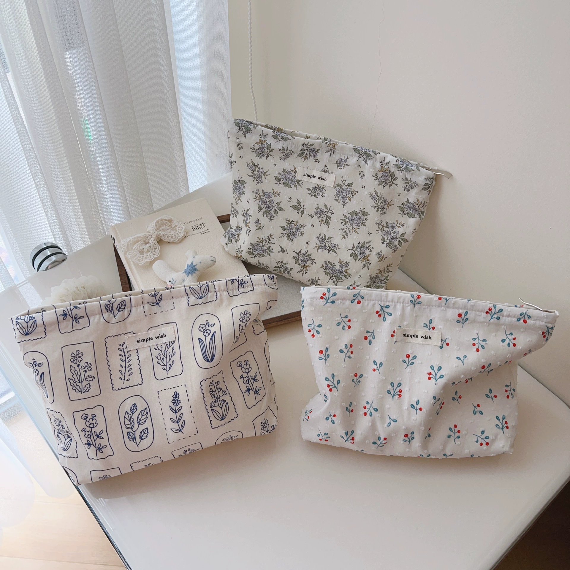 【Suxibu Bag】Корейская версия простая и элегантная белая подложка, литературный синий принт хлопковая ткань маленький косметичка косметичка для мобильного телефона
