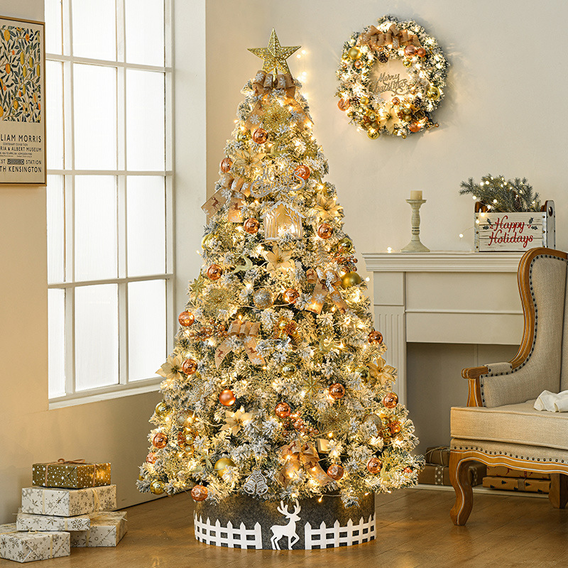 Nuevo árbol de Navidad con nieve artificial de 2.1 metros de Gangheng para uso doméstico, conjunto de árbol de Navidad con luces y decoraciones de nieve que caen.