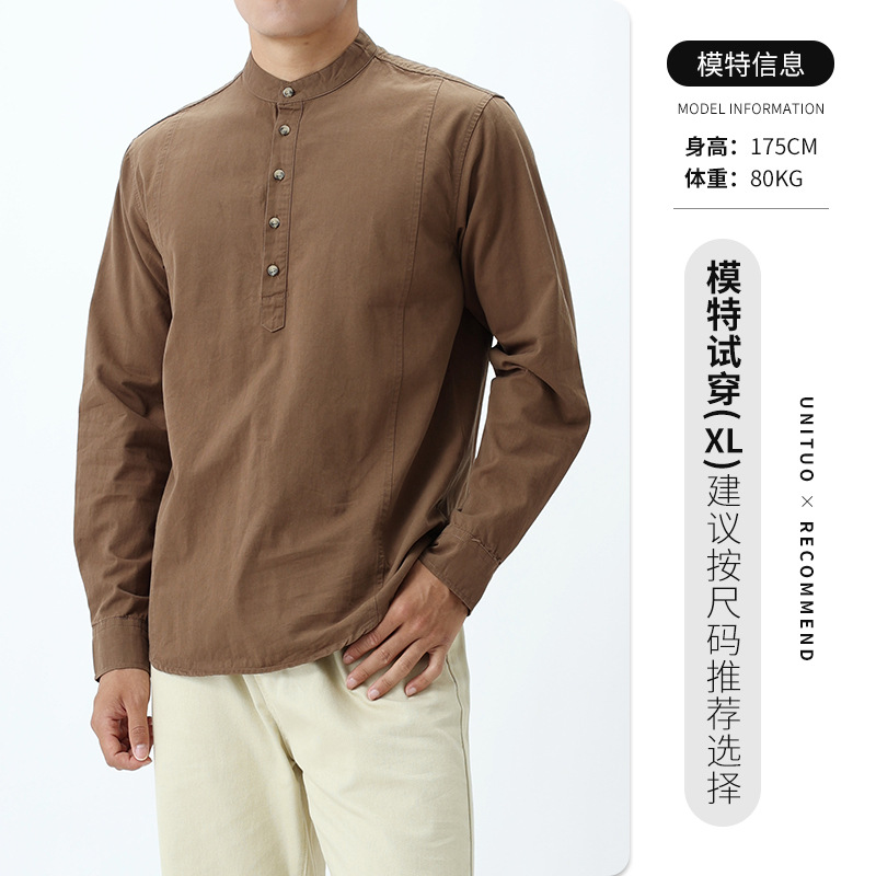 Nueva camisa de algodón chino de alta calidad Waffle Henry cuello camiseta de manga larga camiseta de hombre camiseta de base casual