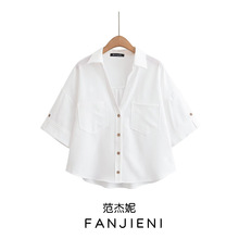 ZR外贸批发 欧美风女装  时尚亚麻混纺v领短袖短款衬衫 2187813