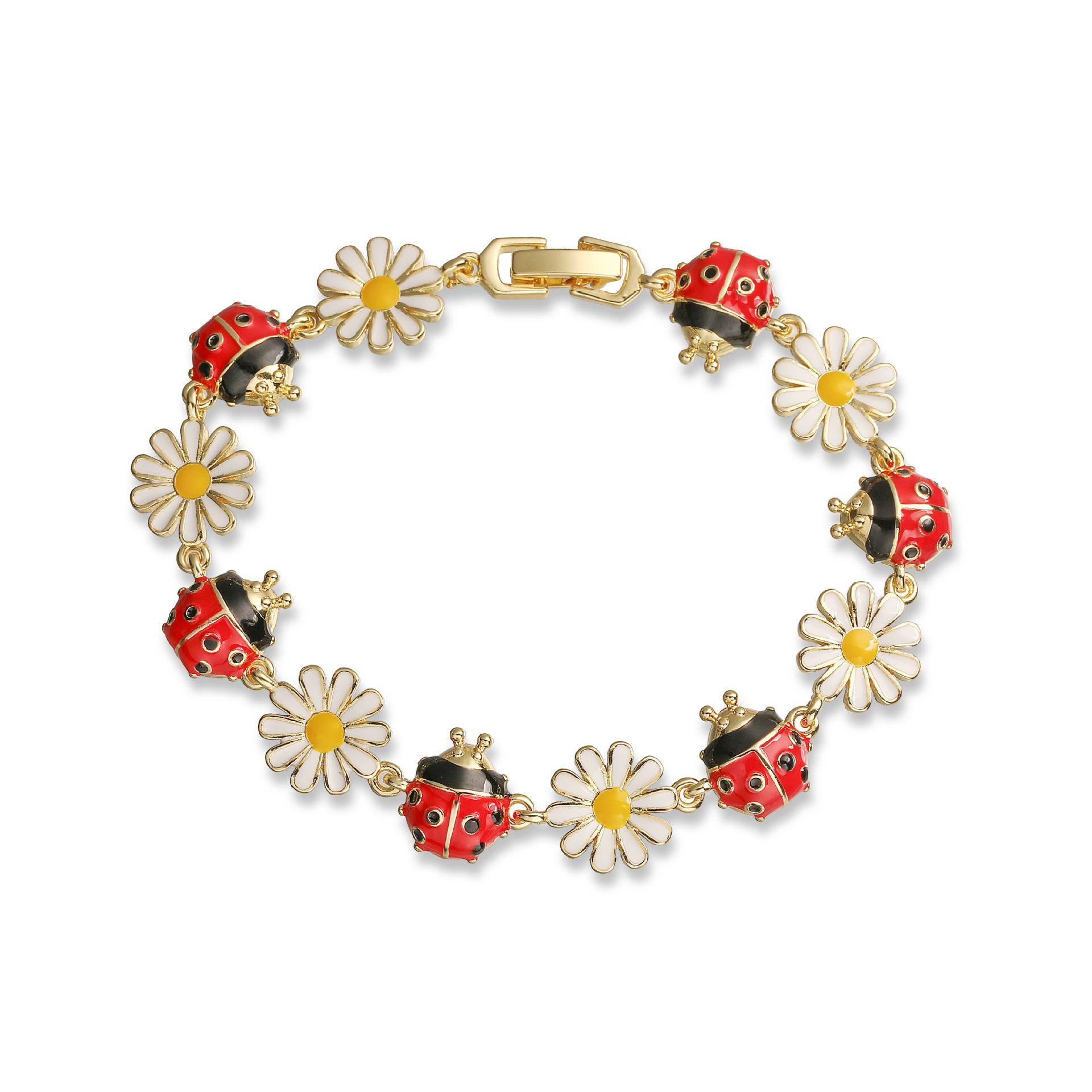 골드, 블랙, 레드 가로 줄무늬 비틀과 화이트 데이지 패치워크 팔찌