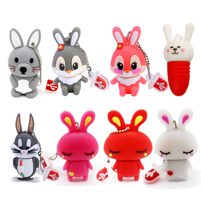 Cartoon cute rabbit USB flash drive 64GB free key chain funny U disk creative gift for friends U disk