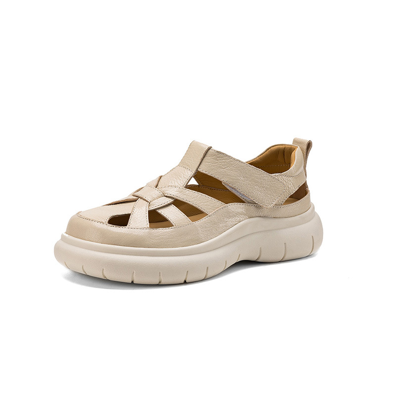 Sandal nữ đế dày da cừu phối quai ngang phong cách học đường — màu đen, màu trắng ngà chi tiết 65