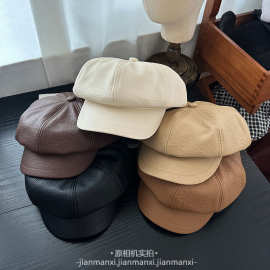 纯色pu皮质八角帽女春夏季英伦复古贝雷帽子ins韩版潮日系皮帽子