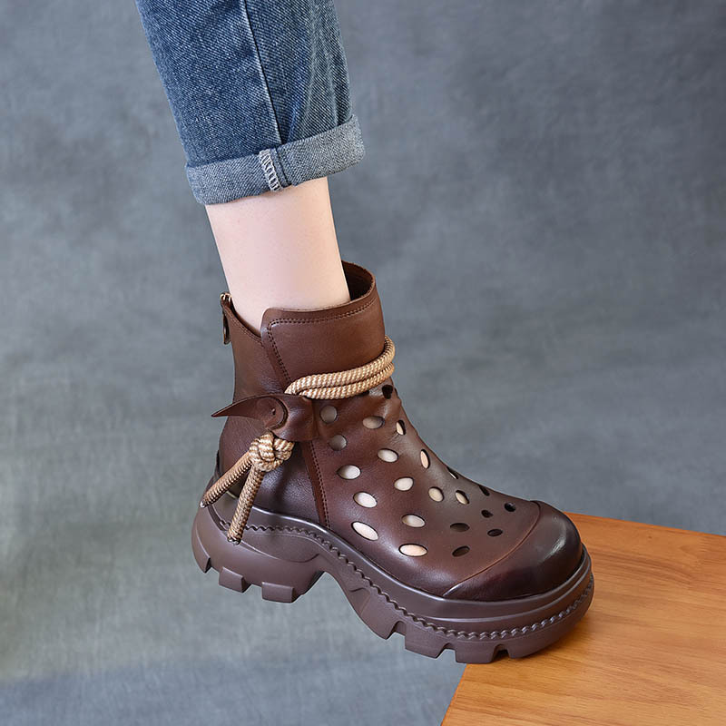 One-layer Cowhide Hollow Martin Boots Summer Cave Roman Boots Casual Retro Breathable Thick-soled Women's Ankle Boots