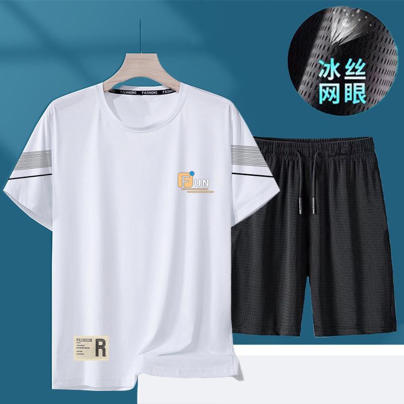 Ice Silk Suit Men's Summer Quick-Drying Elastic Thin Short-Sleeved Pants Full Set Men's Casual T-Shirt Two-Piece Set Men's Trendy