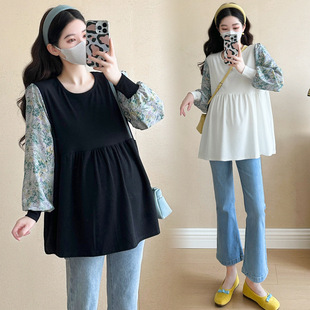 Pregnant Women's Fashion All-match 2025 Spring New Pregnant Women's Korean Style Stitching Floral Loose Doll Shirt Pregnant Women's Top
