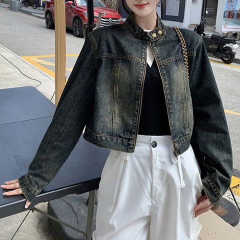 法式复古做旧立领牛仔外套女2025秋季新款小个子拉链短款工装夹克|undefined
