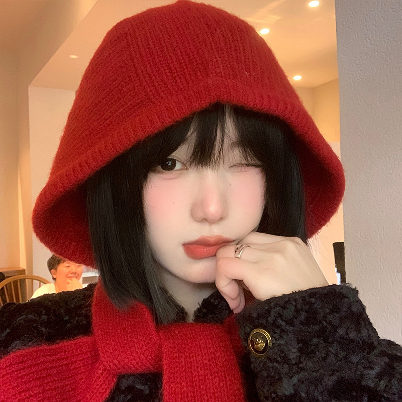红色巴拉克拉法帽女秋冬季保暖加厚针织帽子围脖一体护耳毛线帽潮|undefined