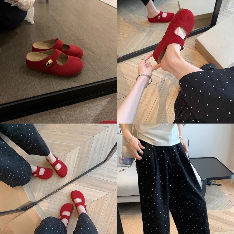 El nuevo estilo de verano de Grape Mom aumenta 5cm ~ Xiaojindou cabeza redonda suave linda Mary Jane suela gruesa media pantuflas mujer