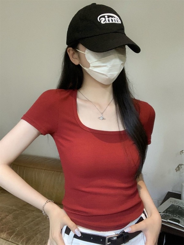 新しい半袖甘辛TシャツUネック無地スリムボトムミニマリスト韓国風アウターウェアとインナー多用途夏半袖トレンド|undefined