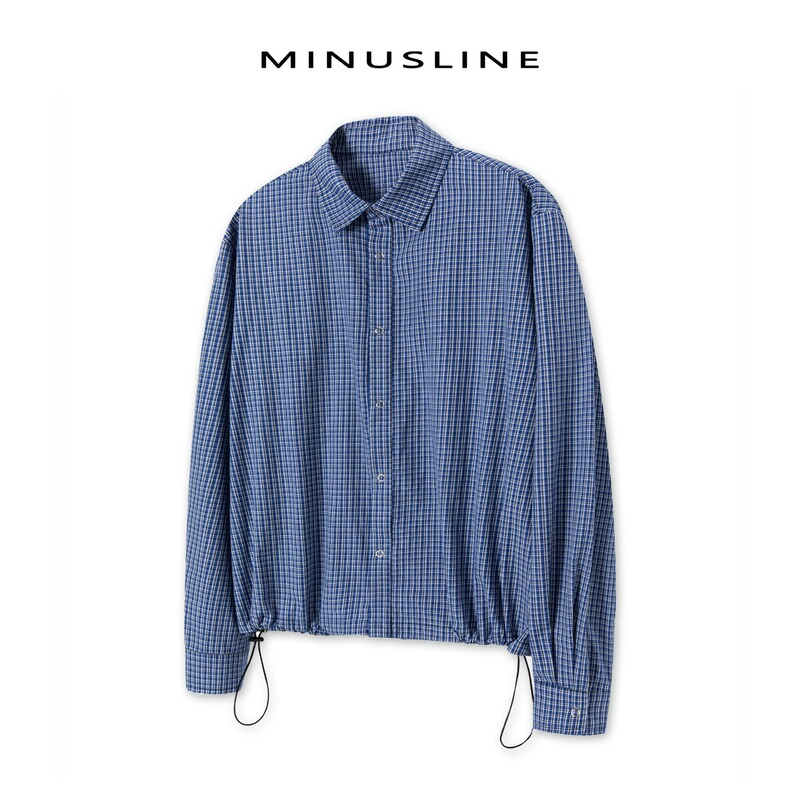 American-Style Trendy Brand Gentleman Navy Blue Plaid Drawstring Miu-Style Long-Sleeve Turn-Down Collar Shirt Short Wide Casual Top for Men