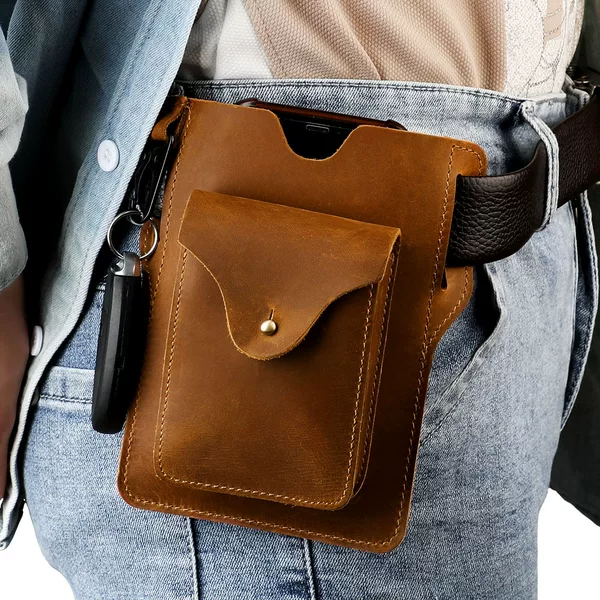 Foreign Trade New Amazon Crazy Horse Leather Double Mobile Phone Bag Waist Hanging Outdoor Sports Construction Site Sports Retro Men's Waist Bag