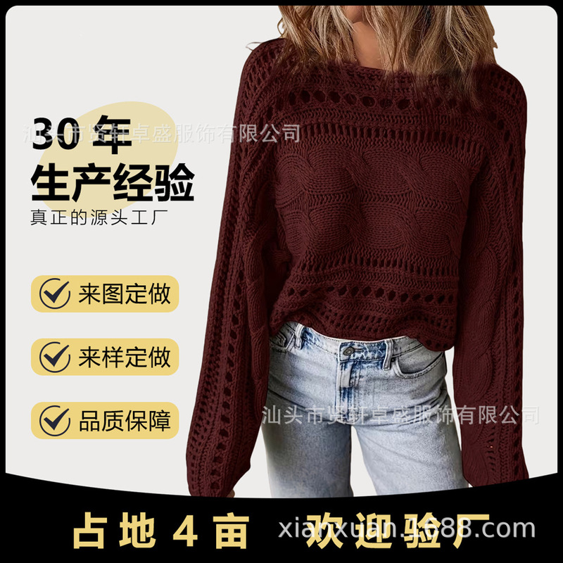 2026 Women's Sweater High-End Spring and Autumn Crochet Cover-Up Hollow Out Shirt Women's Long Sleeve Round Neck Short Top 2026 Women's Sweater High-End Spring and Autumn Crochet Cover-Up Hollow Out Shirt Women's Long Sleeve Round Neck Short Top