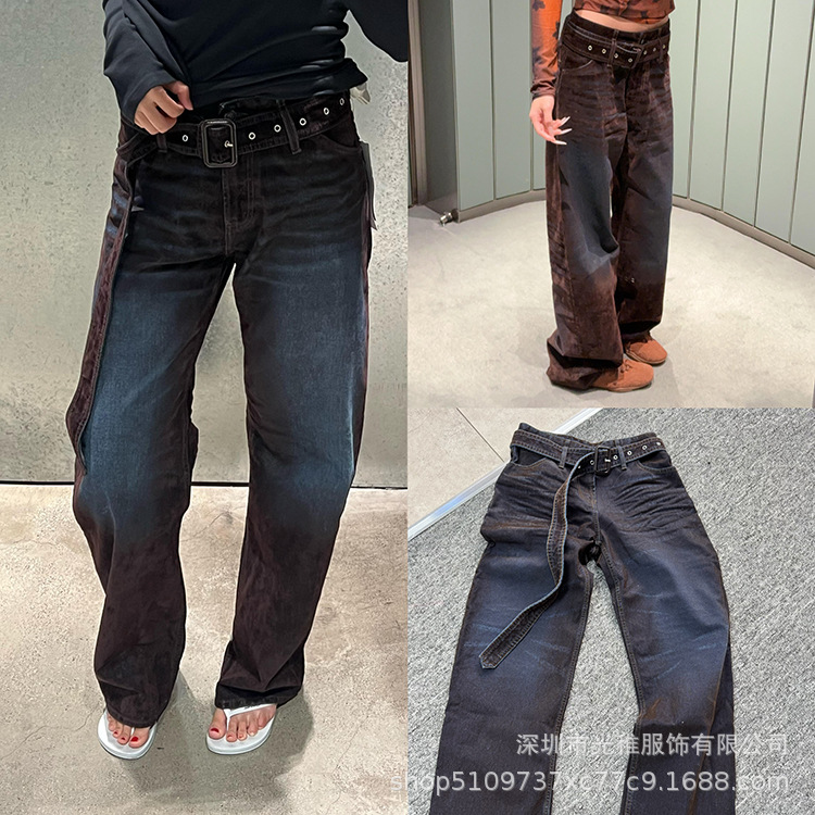 Shenzhen Nanyou Women's New Product 25 Autumn and Winter Scandinavian Style Flocking Washed Belt Jeans for Women