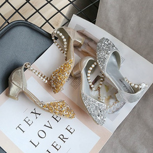 Korean Style Rhinestone Children's High Heels Mid Heel Sandals for Little Girls Toe 2022 Summer New Girls' Princess Shoes Trendy