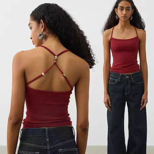 European and American Yoga Vest Backless Cross Halter Top Beaded with Chest Pad Skin-Friendly and Comfortable Ribbed Suspender Bodybuilding Clothing