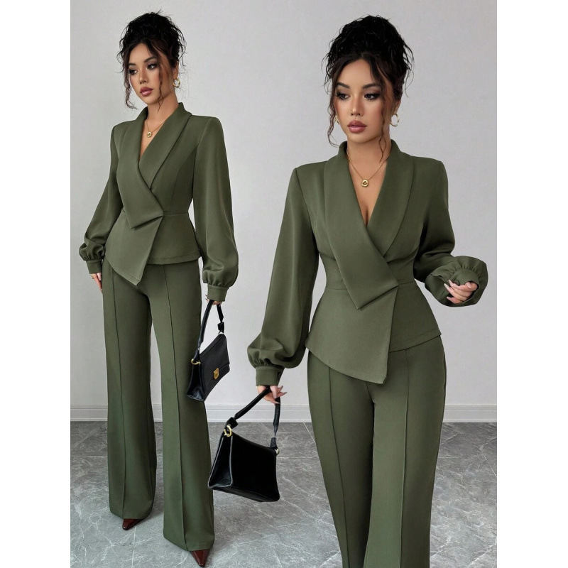 Cross-border Amazon European and American Elegant Asymmetrical Cross-Neck Blazer for Women 2026 Autumn/Winter New Straight-Leg Pants Cross-border Amazon European and American Elegant Asymmetrical Cross-Neck Blazer for Women 2026 Autumn/Winter New Straight-Leg Pants