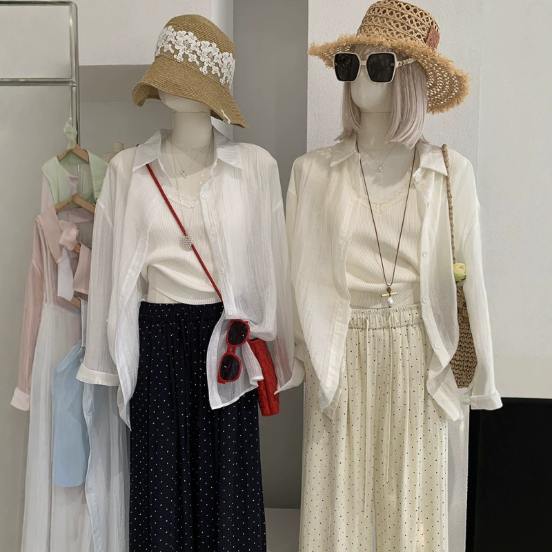 KEKEZOON Thin Mid-Length Sunscreen Shirt + Lace Vest Two-Piece Set with Hair Tie Summer Women's Clothing Wholesale