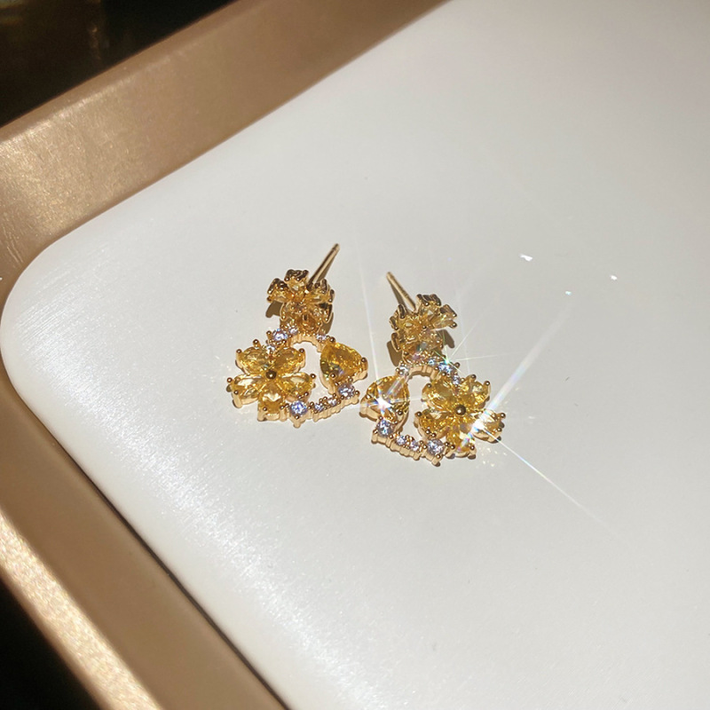 银针猫眼石黄色镶钻圆圈耳环轻奢高级感耳钉小众设计精致时尚耳饰|undefined
