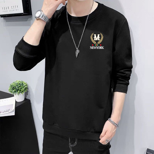 Men's Long Sleeve Round Neck Hoodie - Autumn New Arrival, Simple Print Casual Wear, Versatile, Thin, Plain Color Top - Street Vendor Supply