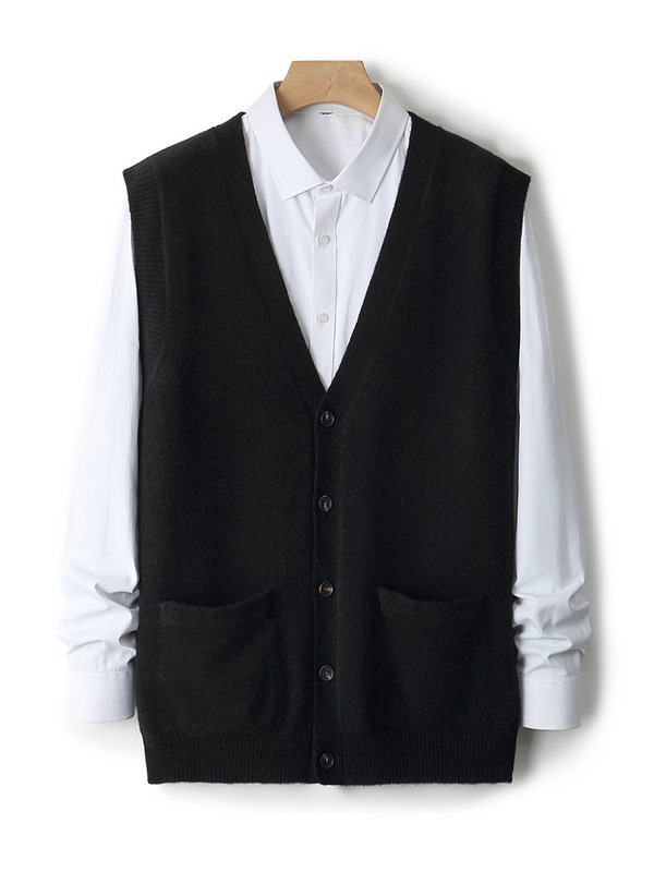 100% Pure Wool Cardigan Vest Men's Waistcoat Knitted Bottoming Loose V Neck Sleeveless Sweater Wool Vest