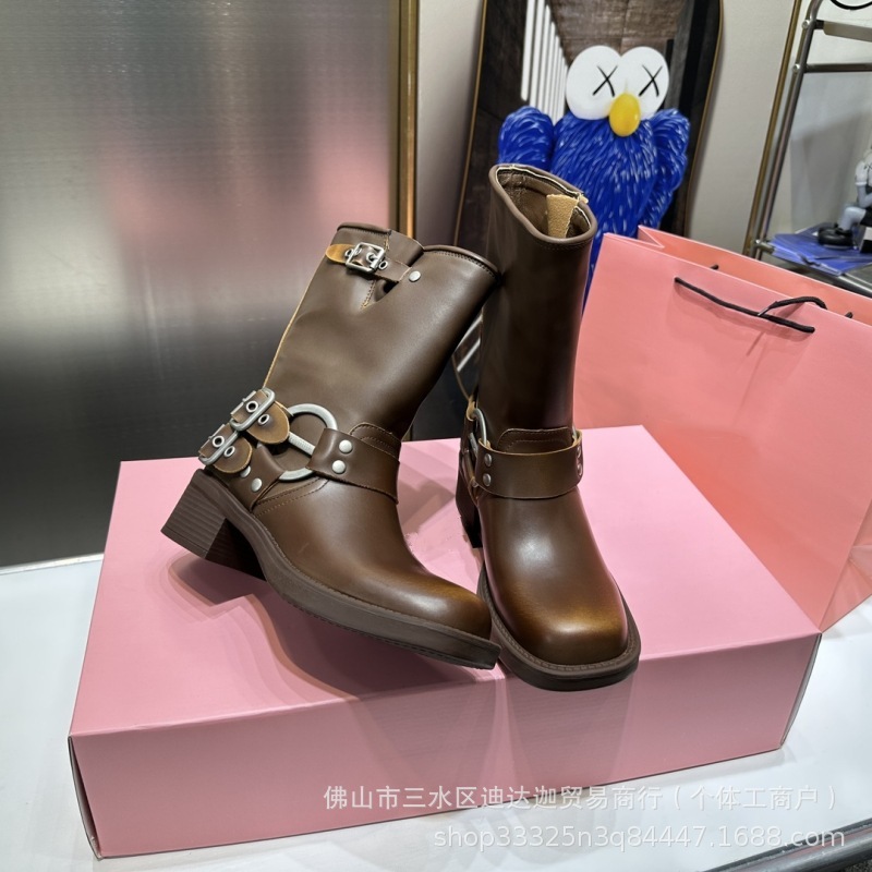 易梦玲miuu家皮带扣棕色长筒靴不过膝圆头西部牛仔骑士靴欧美风靴|undefined