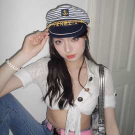 海军帽子平顶制服英伦船长复古新款百搭画家时尚水手鸭舌帽贝雷帽