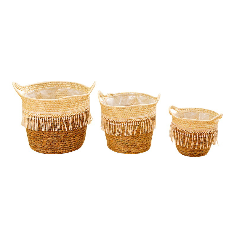Woven Grass Rope Flower Pot Basket Hand-Held Grass Wicker Non-Vine Fringe Basket Storage Basket Flower Pot Cover Flower Arrangement Basket
