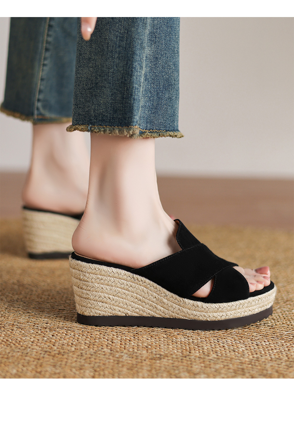 Dép sandal nữ quai ngang đế xuồng đan cói gót 7 cm — Màu đen chi tiết 12