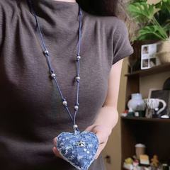 蓝色牛仔布格纹亮片十字架爱心编织绳项链小众甜酷百搭长款毛衣链