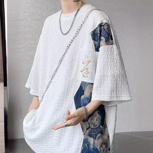 Mandarin Collage T-Shirt for Men - Summer Thin Short Sleeve with Bear Embroidery, 7/8 Sleeve, Round Neck Youth T-Shirt, Trendy Brand