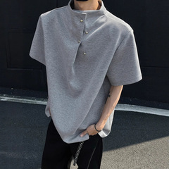 新しい中国風ハーフタートルネック半袖メンズデザインニッチ夏肩パッドTシャツヘビーウェイト不規則ボタンハーフスリーブ