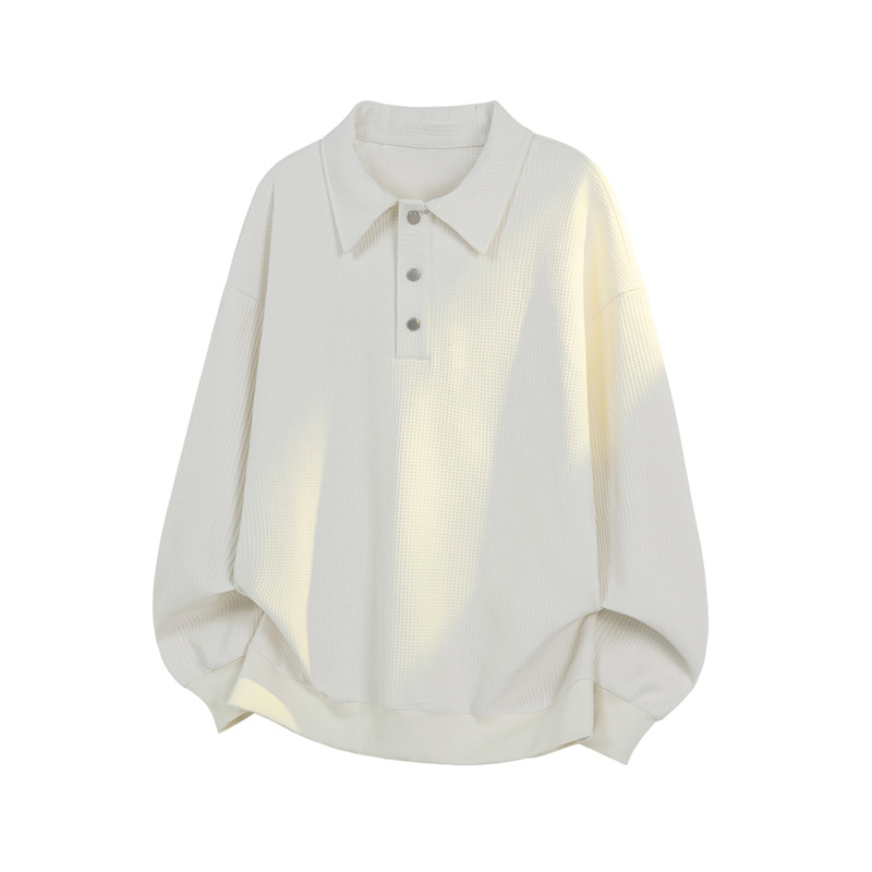 American-style Trendy Solid Color Waffle Knit Old Money Style 2026 Spring New Polo Collar Long-sleeve Sweatshirt, Unisex_voghion.com