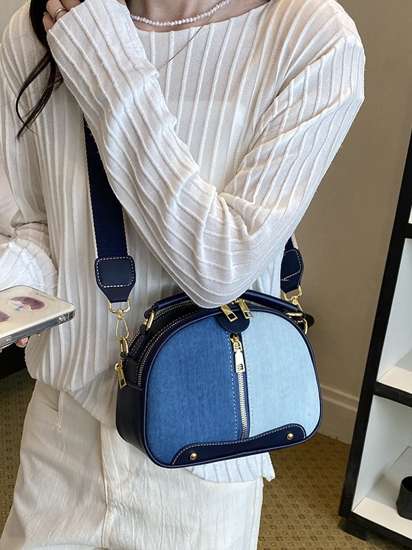 Bolso de mano de nicho coreano para mujeres 2026 comercio exterior nuevo denim empalme de color alto sentido versátil mochila
